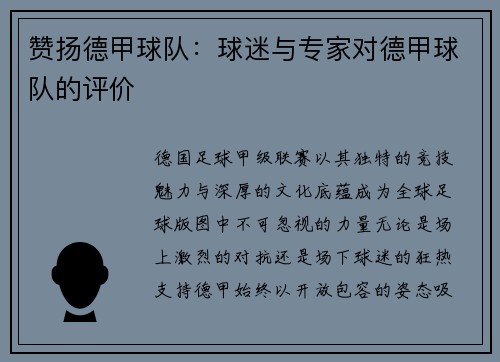 赞扬德甲球队：球迷与专家对德甲球队的评价