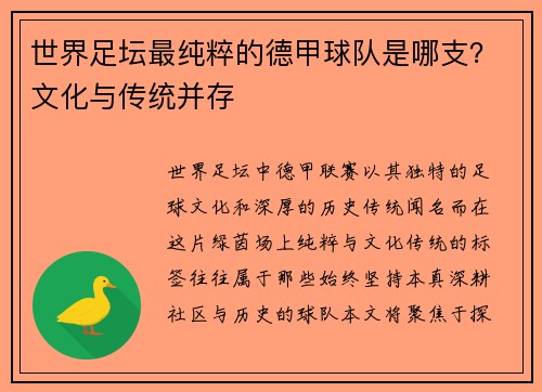 世界足坛最纯粹的德甲球队是哪支？文化与传统并存
